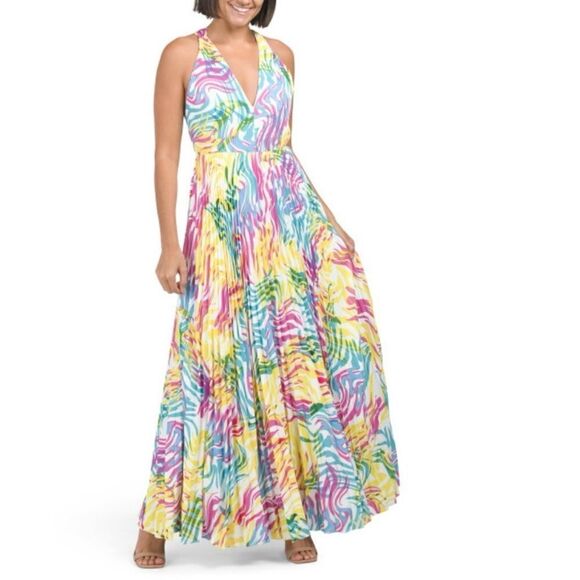 Milly Oria Waves of Zerbra Pleated Halter Maxi Dress Yellow Pink Multi Size 4 - Picture 2 of 15